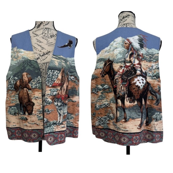 Handmade Jackets & Blazers - Vintage 80s Handmade Native American Themed Vest with Horse and Buffalo